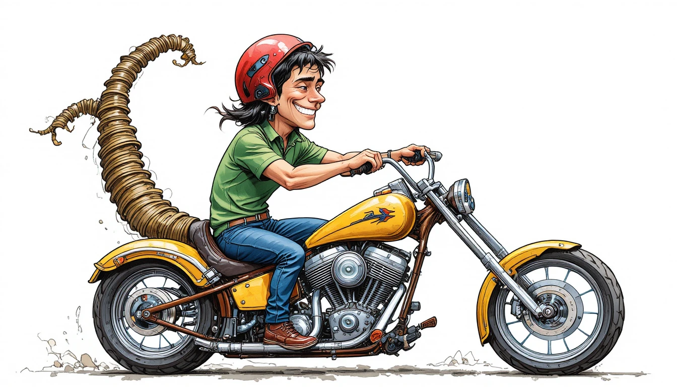 Motociclista de desenho animado em chopper amarela com expressão alegre