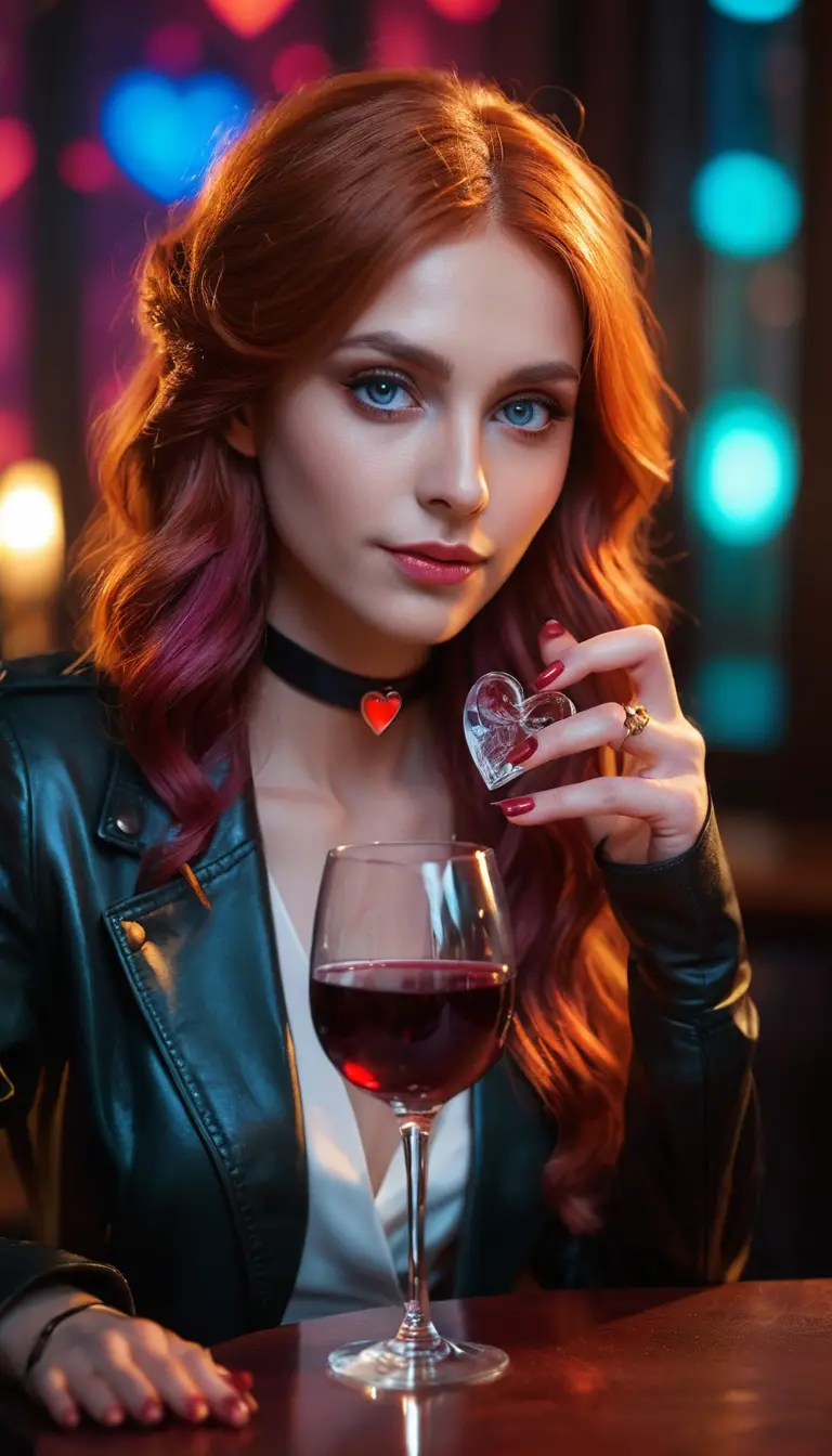 Glamouröse rothaarige Frau mit Wein in der Nachtclub-Lounge