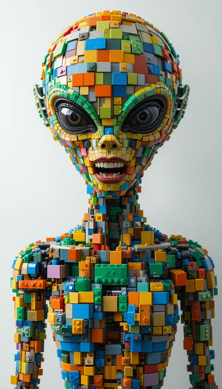 Rosto de alienígena construído com blocos de brinquedo