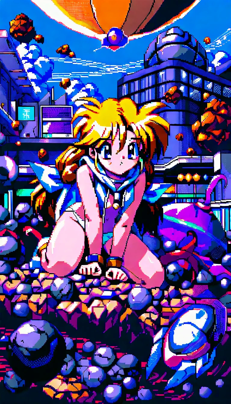 Anime-Mädchen läuft an futuristischem Stadtgebäude vorbei