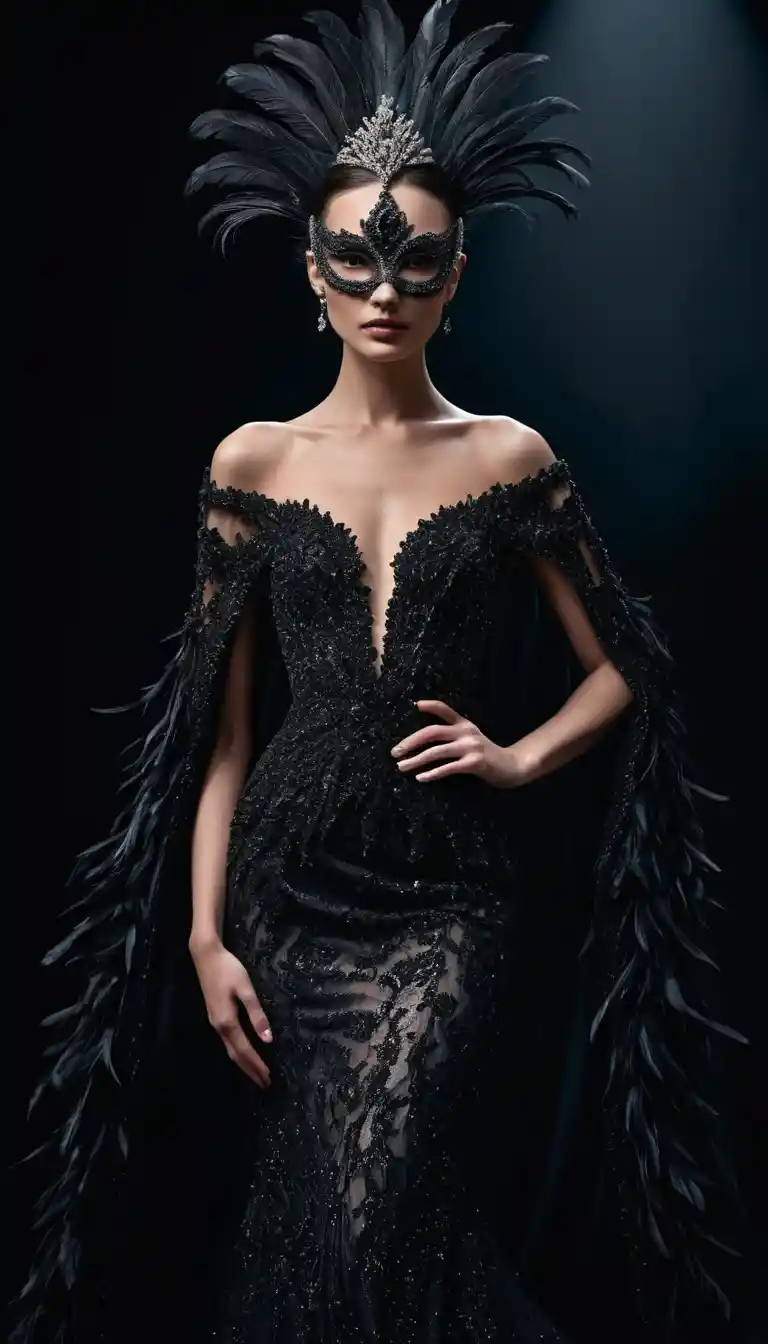 Elegant woman in black lace gown on red carpet