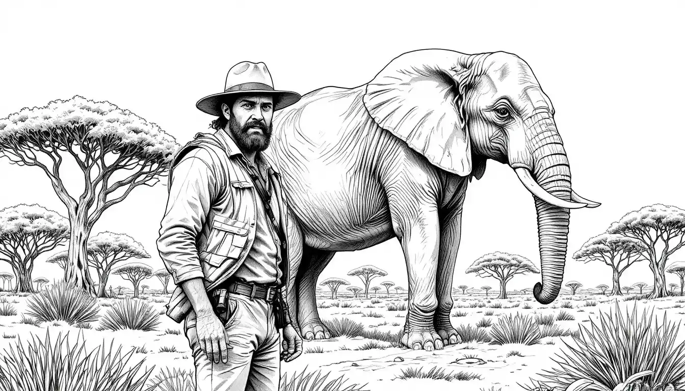 クラシックな線画イラストのアフリカゾウと探検家
