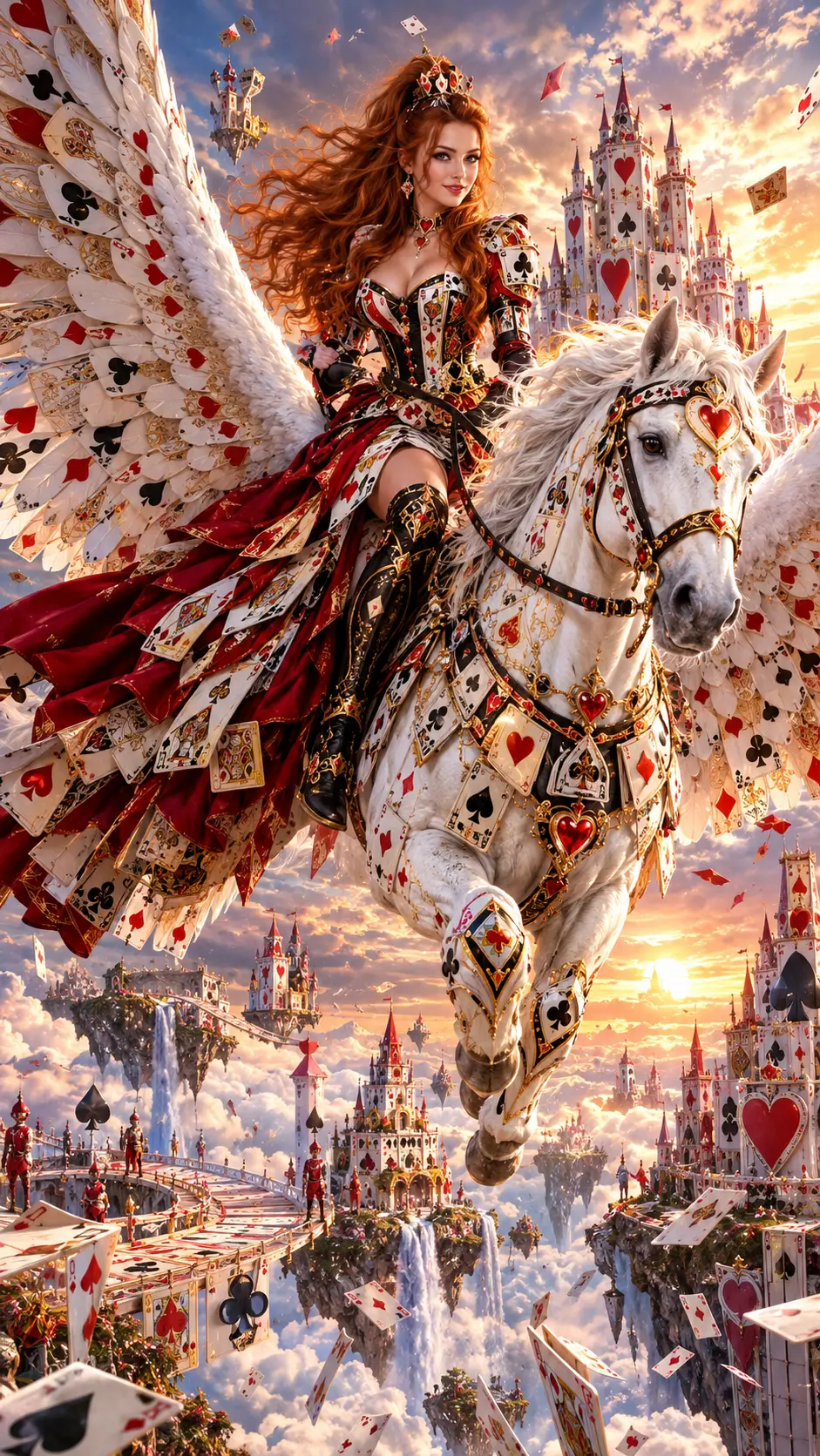 Herzkönigin reitet auf einem weißen Pegasus über das Kartenkönigreich