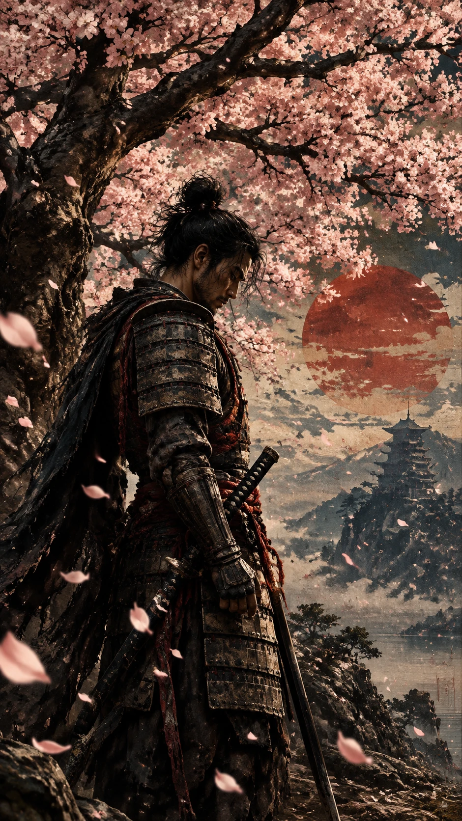 Samurai warrior before an ancient cherry blossom tree