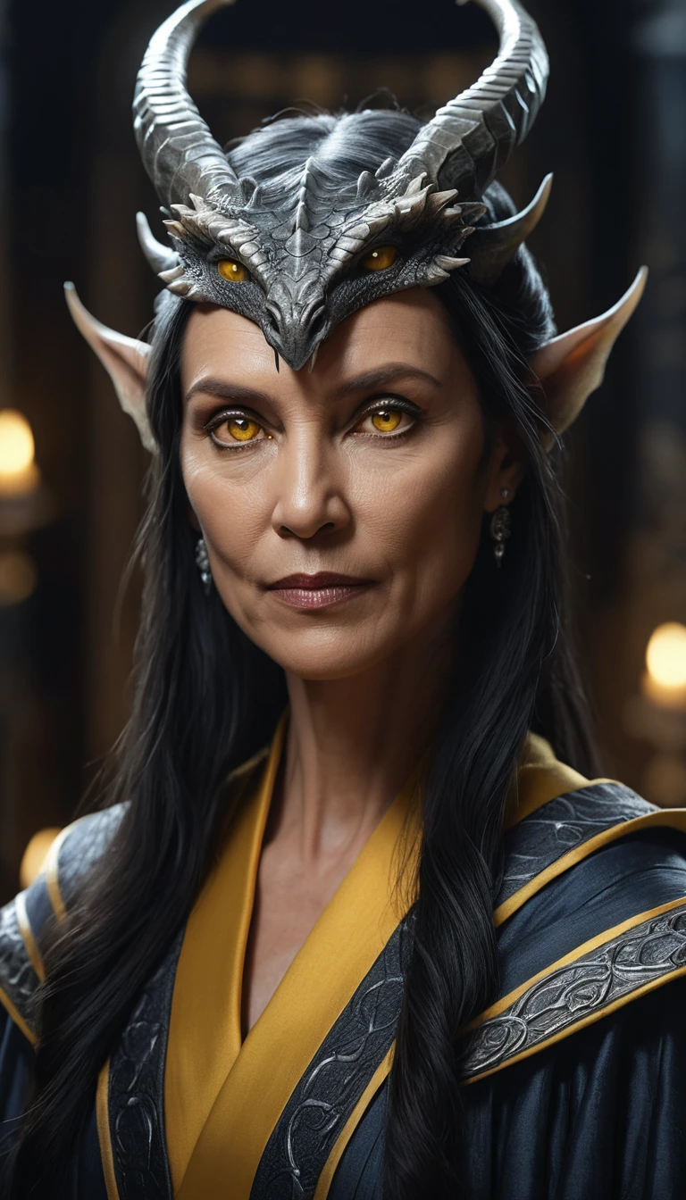 Portrait d’une femme dragon diplomate mûre dans un bureau sombre