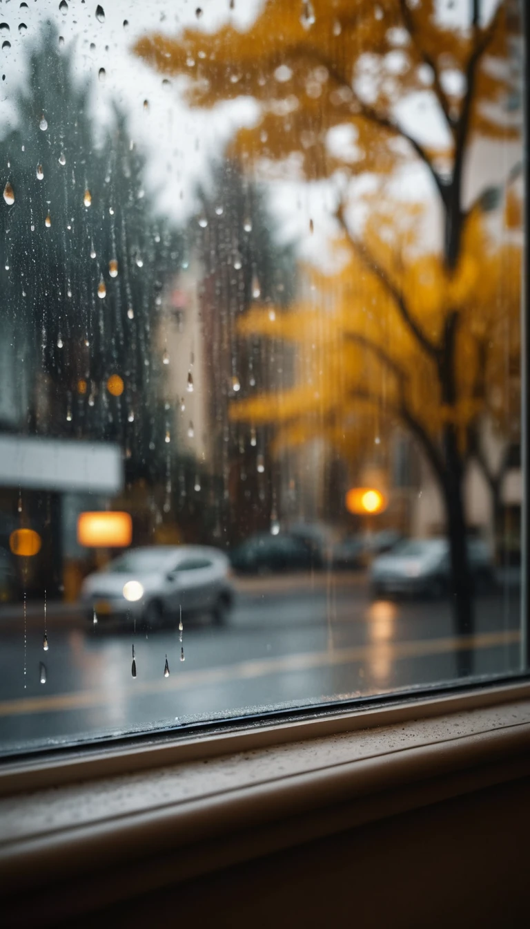 Regentropfen auf dem Fenster mit verschwommener Herbststraße draußen