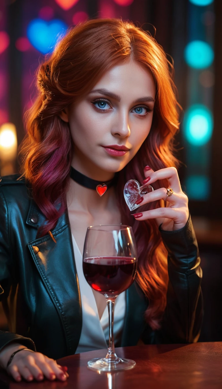 Glamorous red haired woman with wine in nightclub lounge