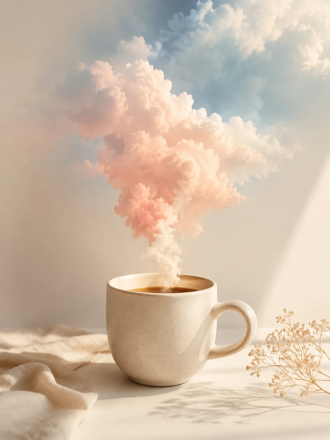 Tasse de café minimaliste avec nuage pastel s’élevant comme de la vapeur