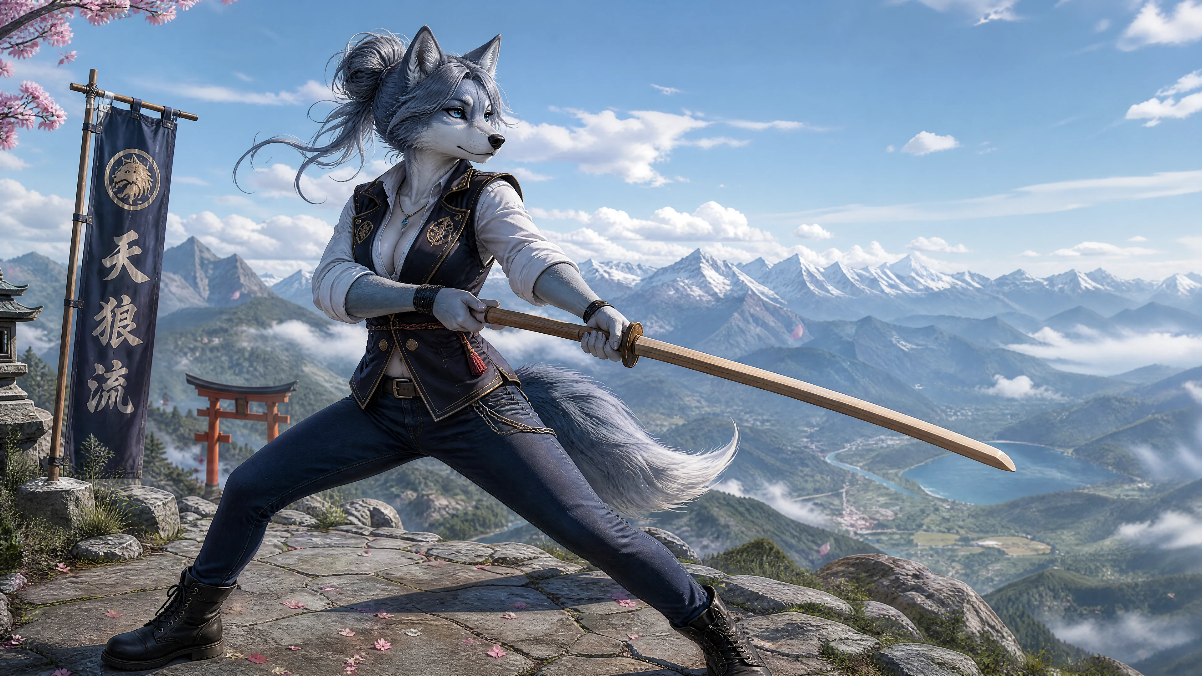 Louve samouraï anthro s’entraînant avec un katana en bois au sommet de la montagne