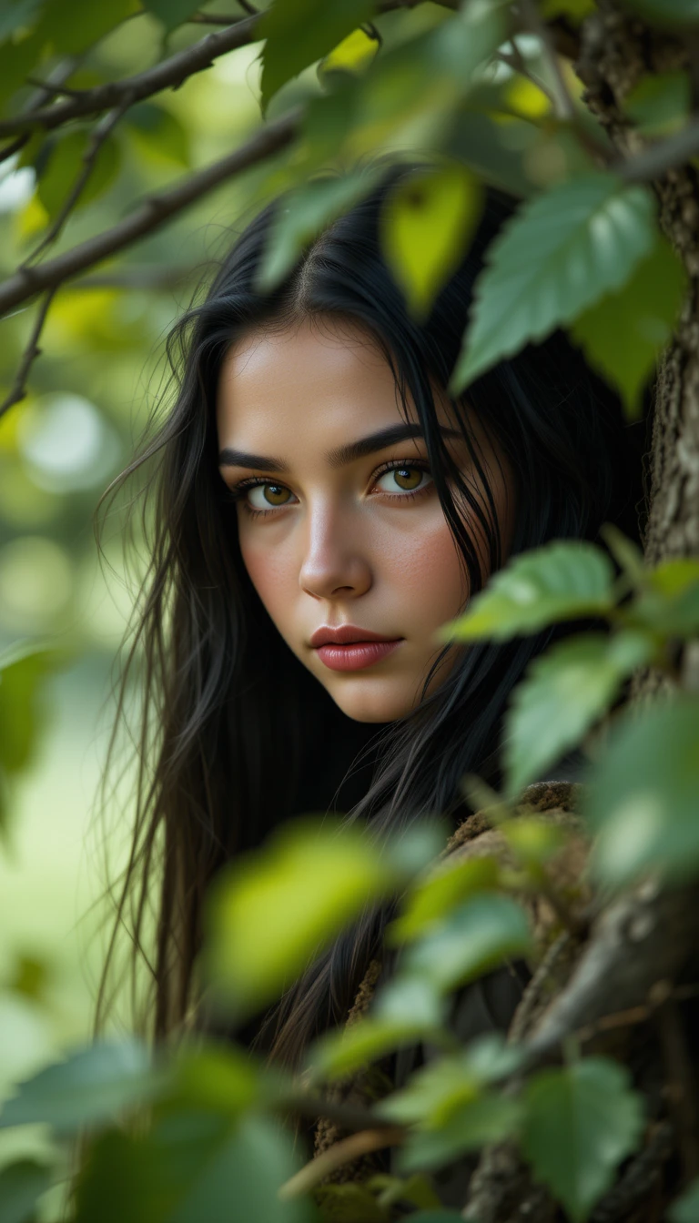 Bella ragazza dai capelli scuri nascosta tra i rami della foresta