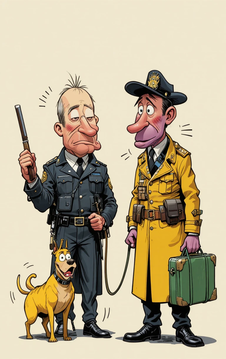 漫畫風警察與帶著焦慮黃色狗的男子對峙