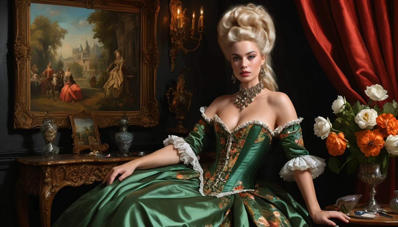 Pintura sensual de cortesã barroca em luxuosos aposentos reais