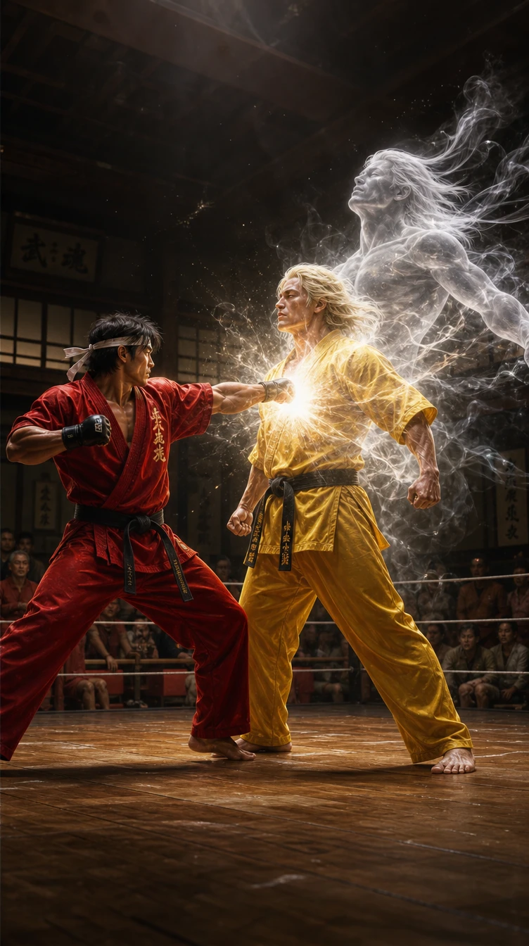 Artista marcial desfere um soco em um dojo tradicional