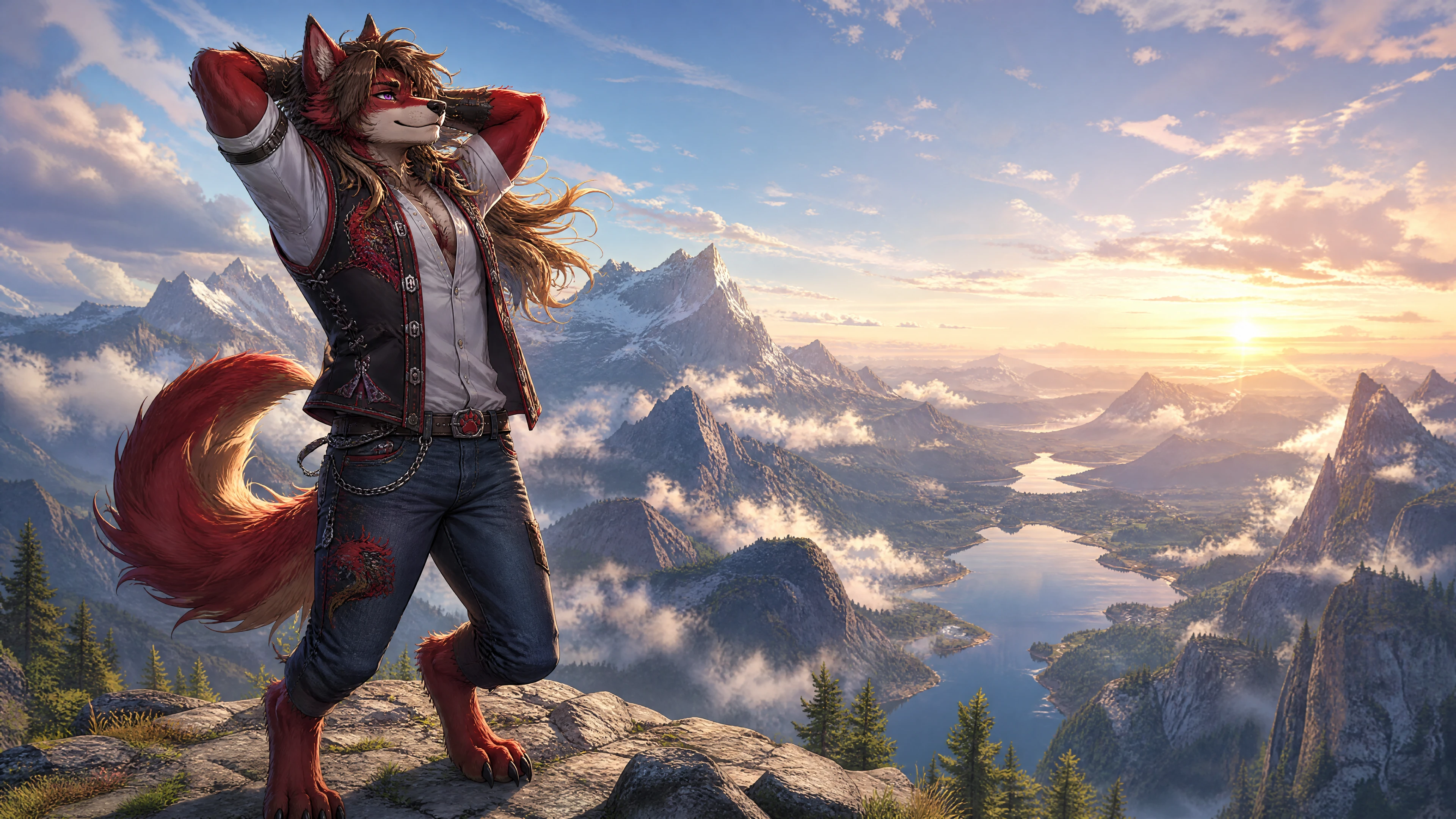 Anthro hellhound climber stretching on a mountain summit