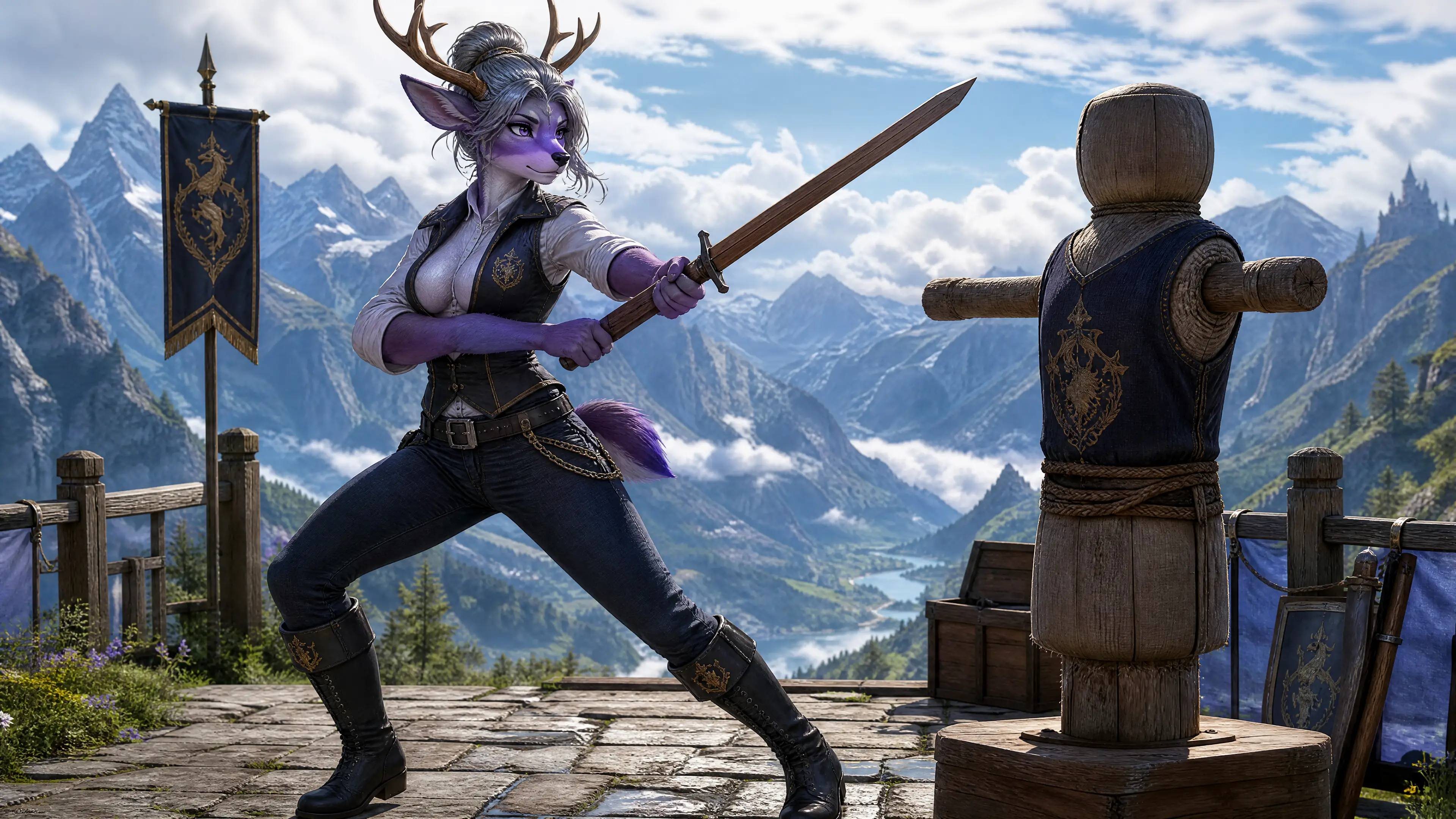 Anthro reindeer warrior woman training on mountain summit