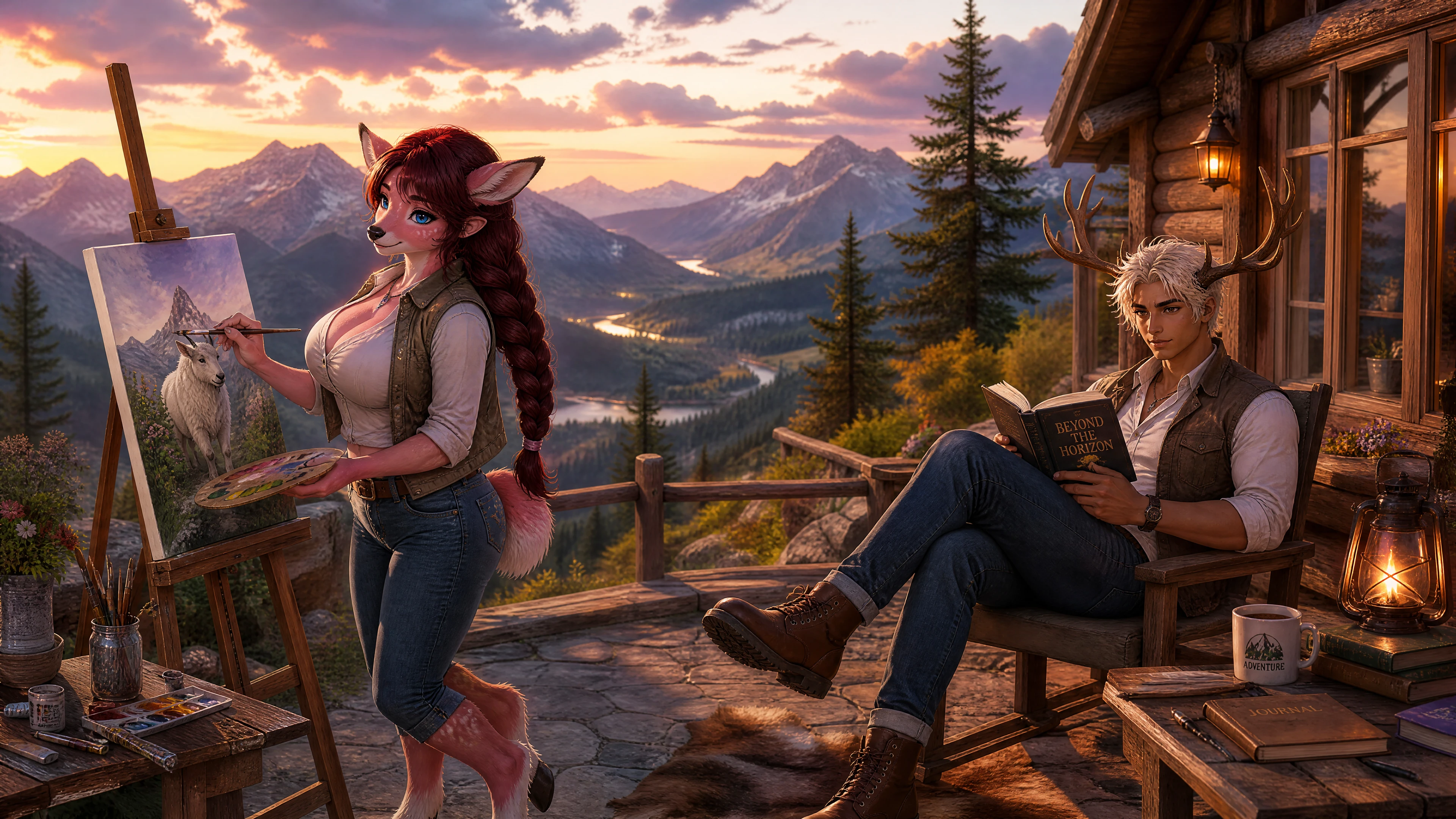 Anthro-Hirschfrau malt vor einer Berghütte