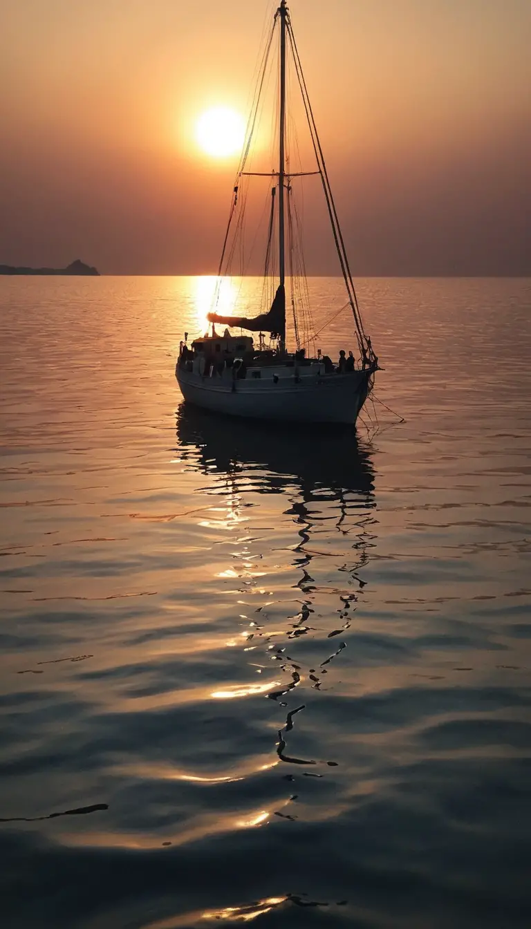 船隻駛向溫暖浪漫的海上夕陽