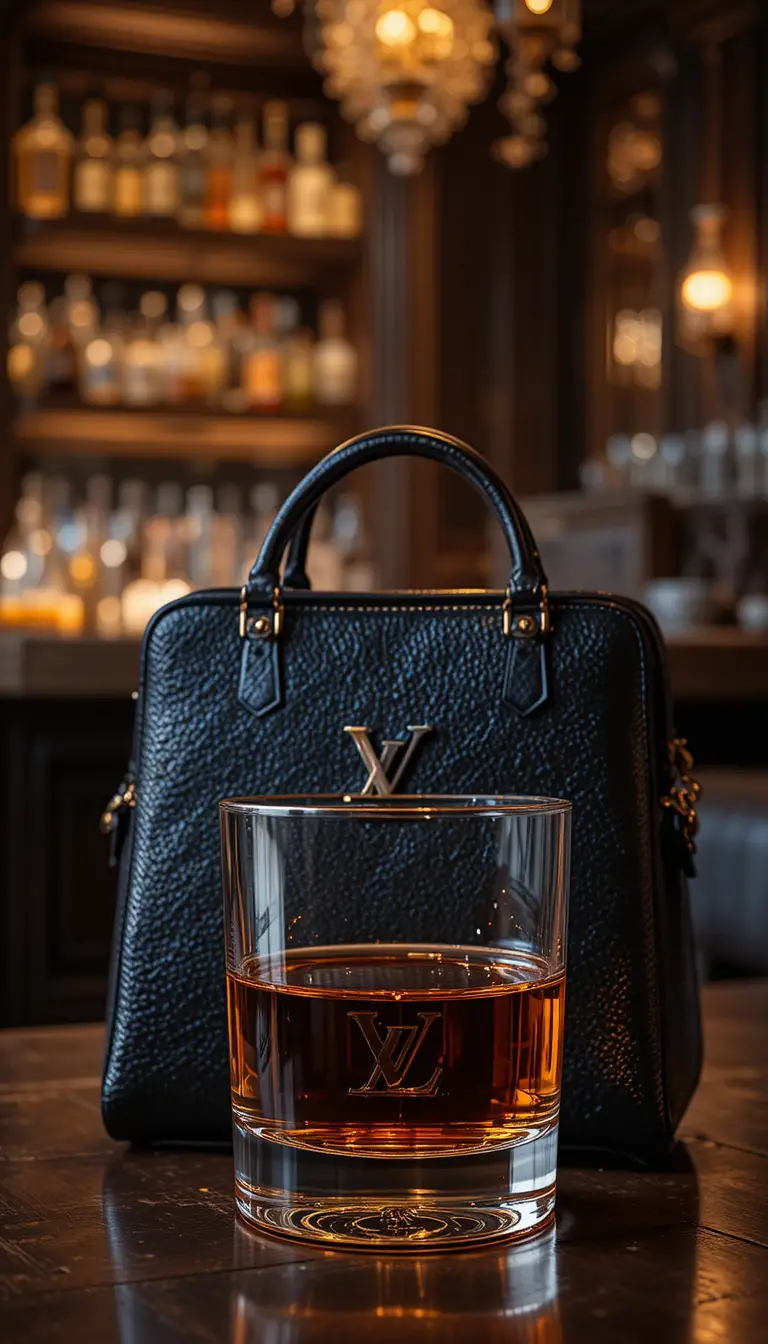 Vaso de whisky en bolsa de cuero en un bar de ambiente cálido