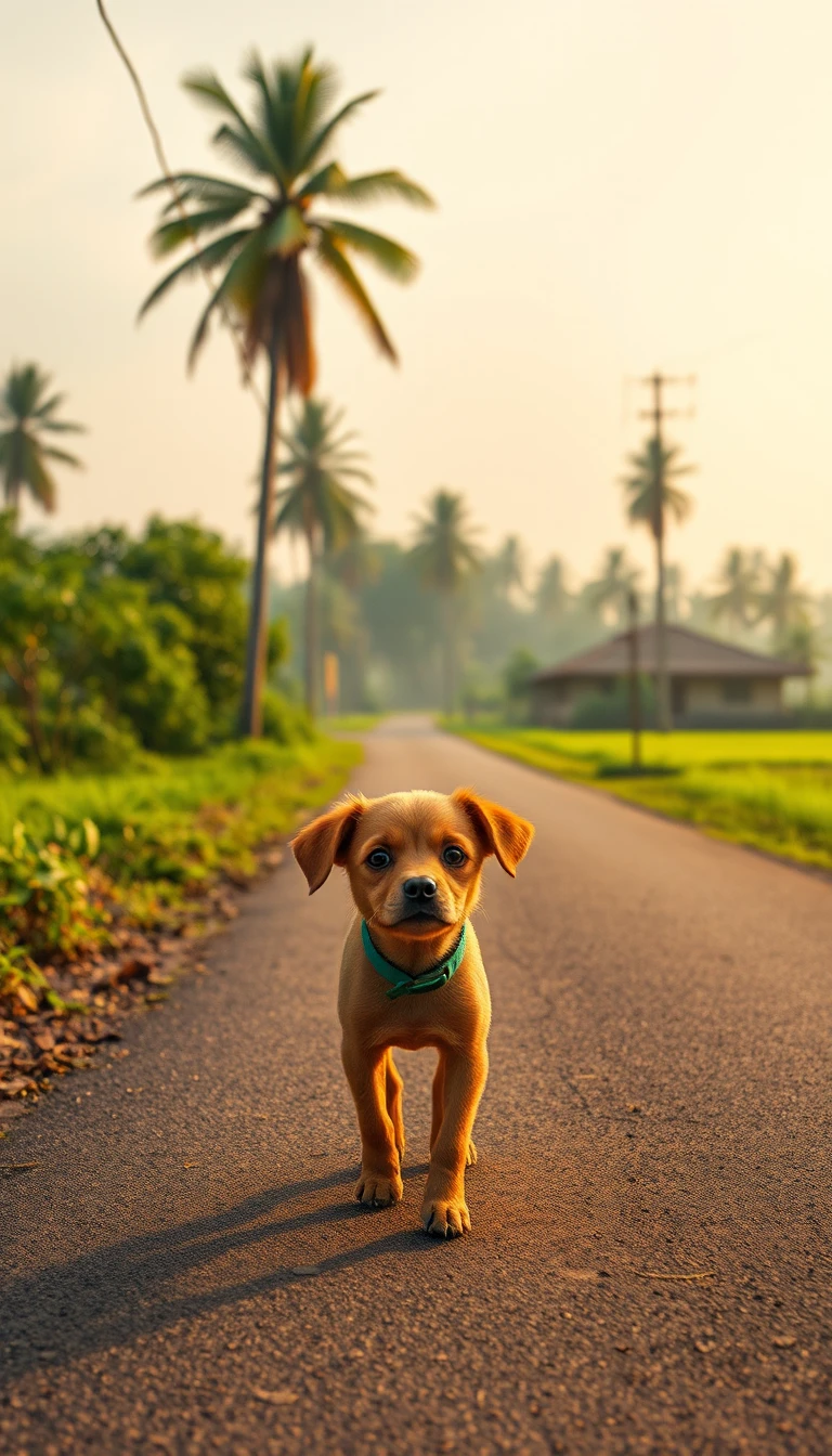 Cão marrom pequeno caminhando sozinho em estrada tranquila de vila