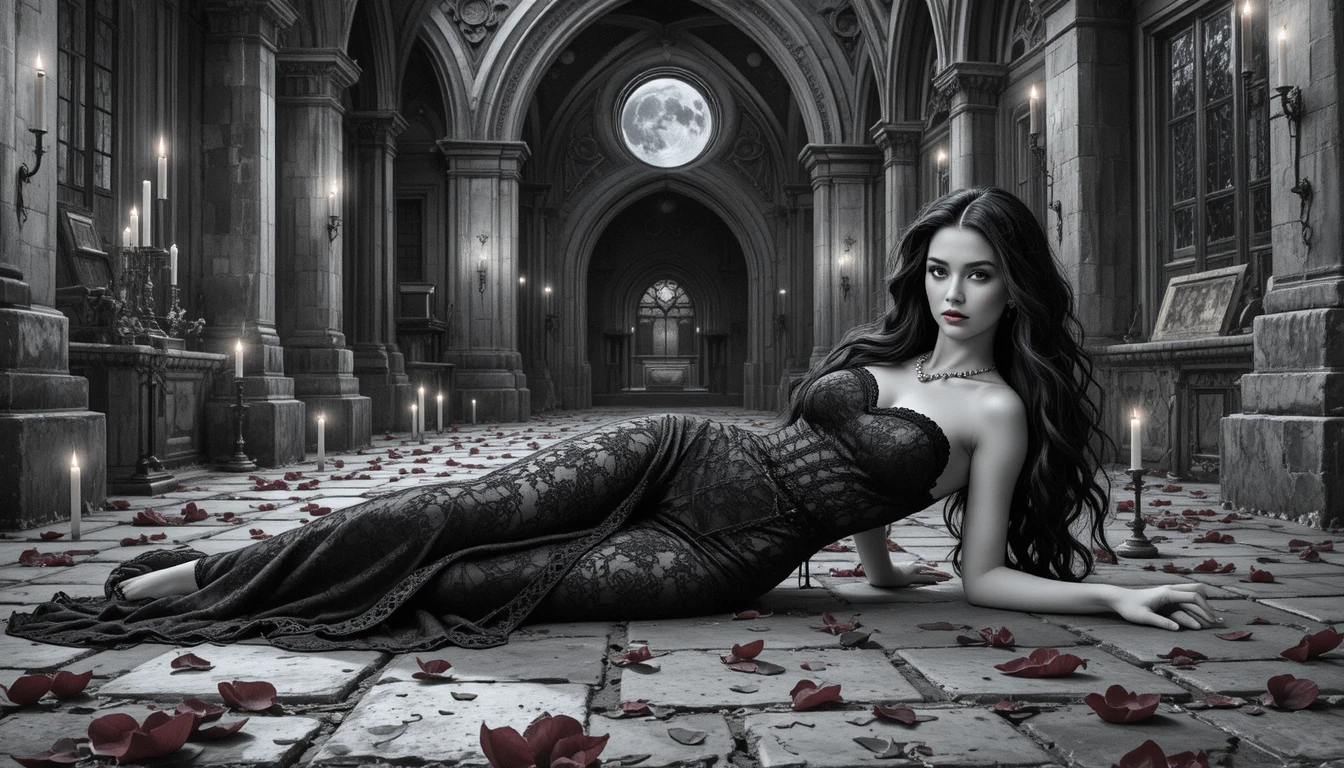 Mulher elegante reclinando em um pátio gótico ao luar