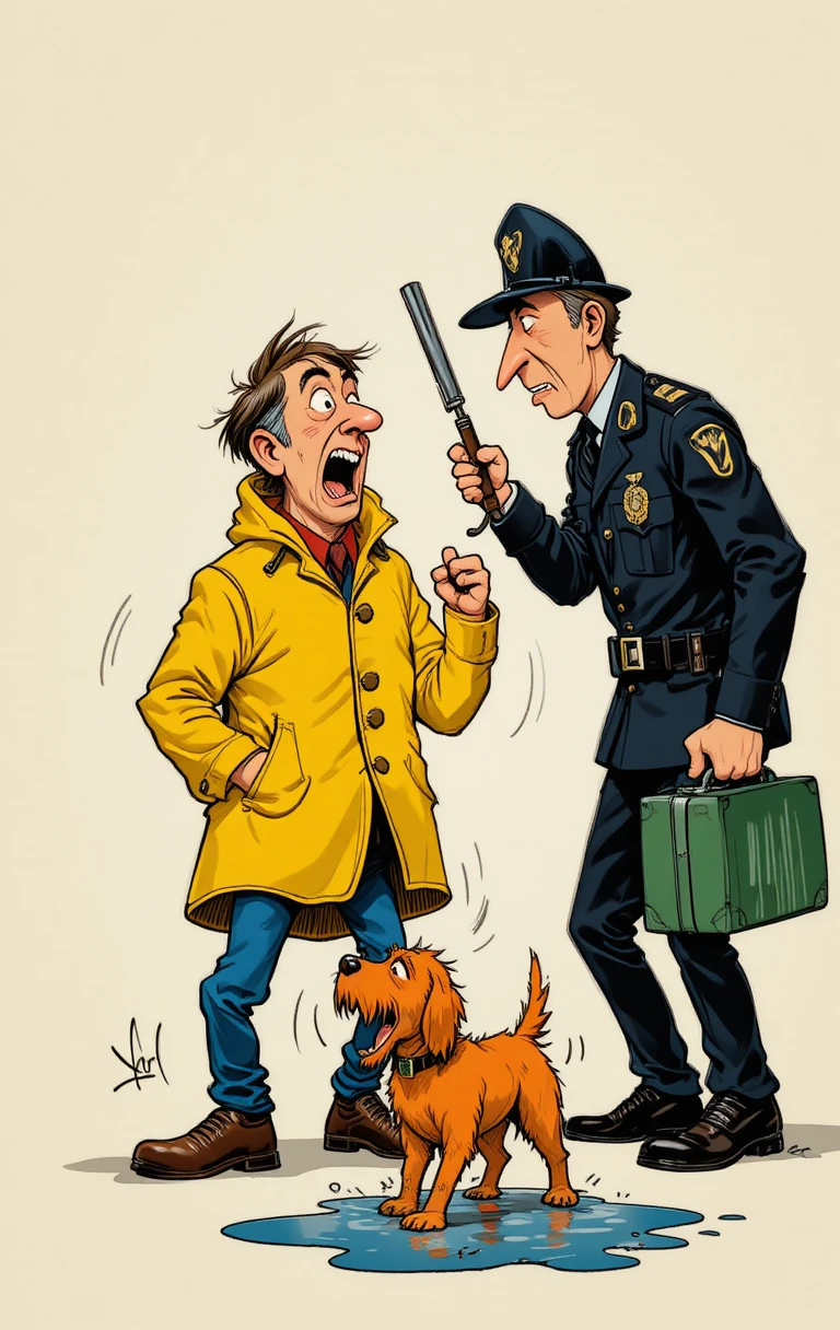 Poliziotto a fumetti che rimprovera un uomo con un cane in mezzo
