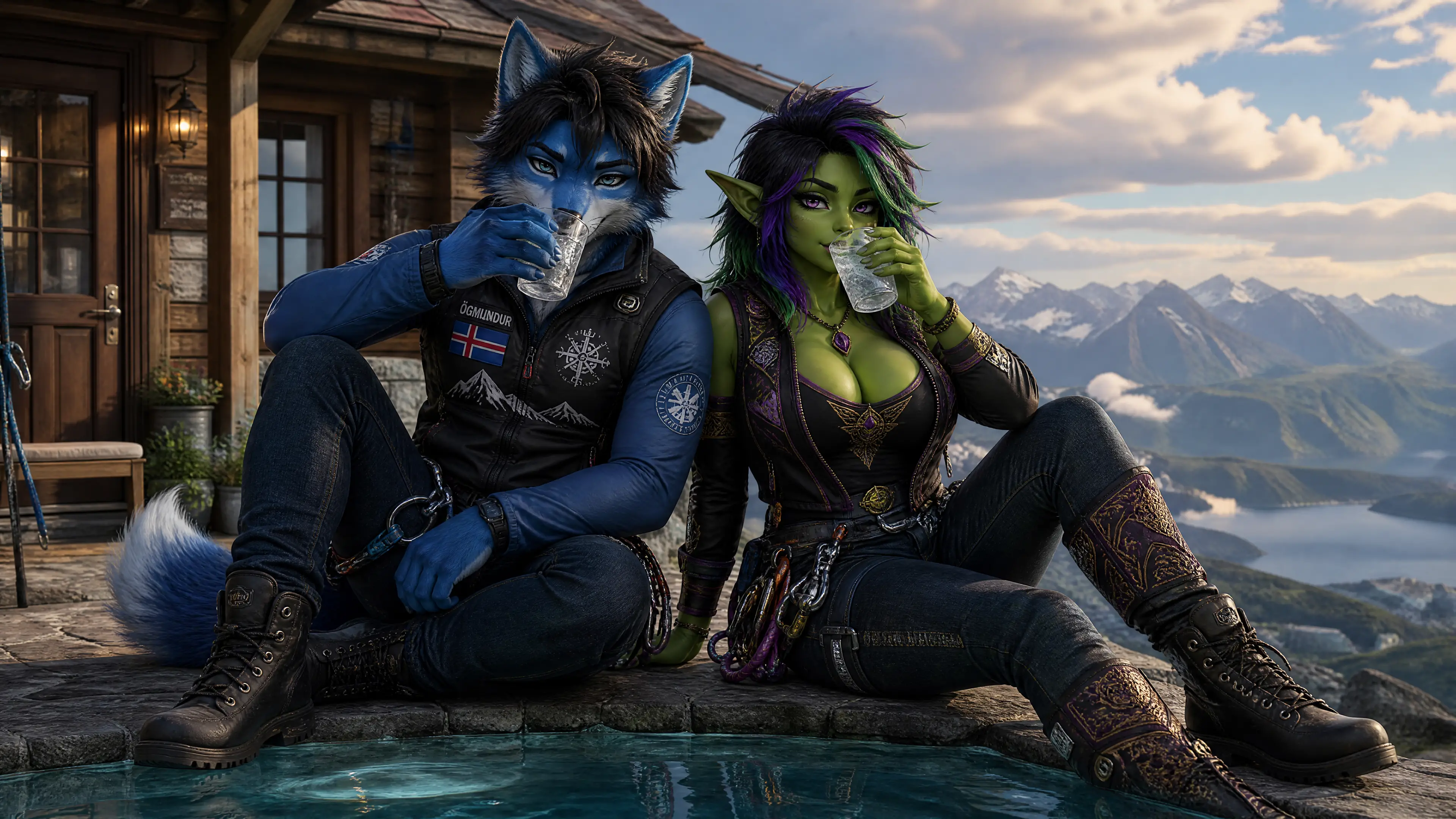 Fantasy couple relaxing by a pool at a mountain cabin