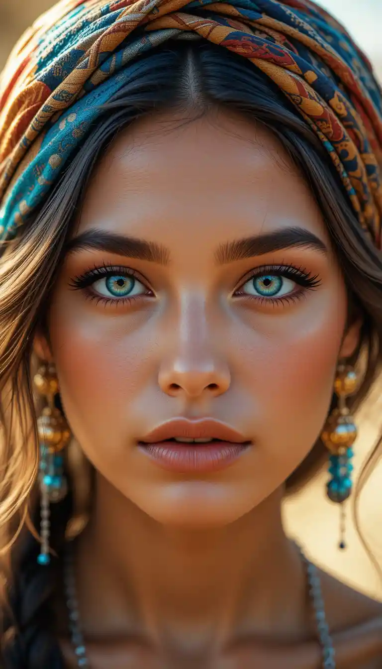 Femme bohème en gros plan avec yeux bleu sarcelle et foulard