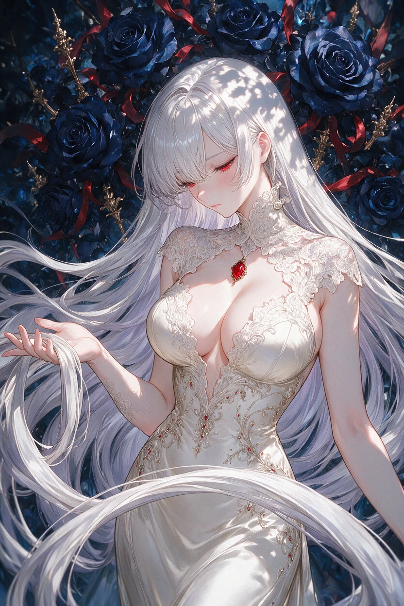 Gothic anime woman with silver hair among midnight roses
