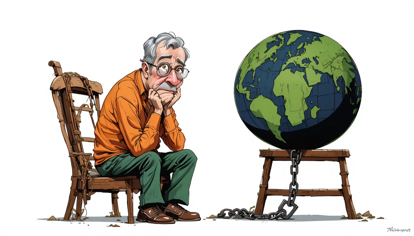 Älterer Mann an Globus gekettet in Cartoon-Illustration