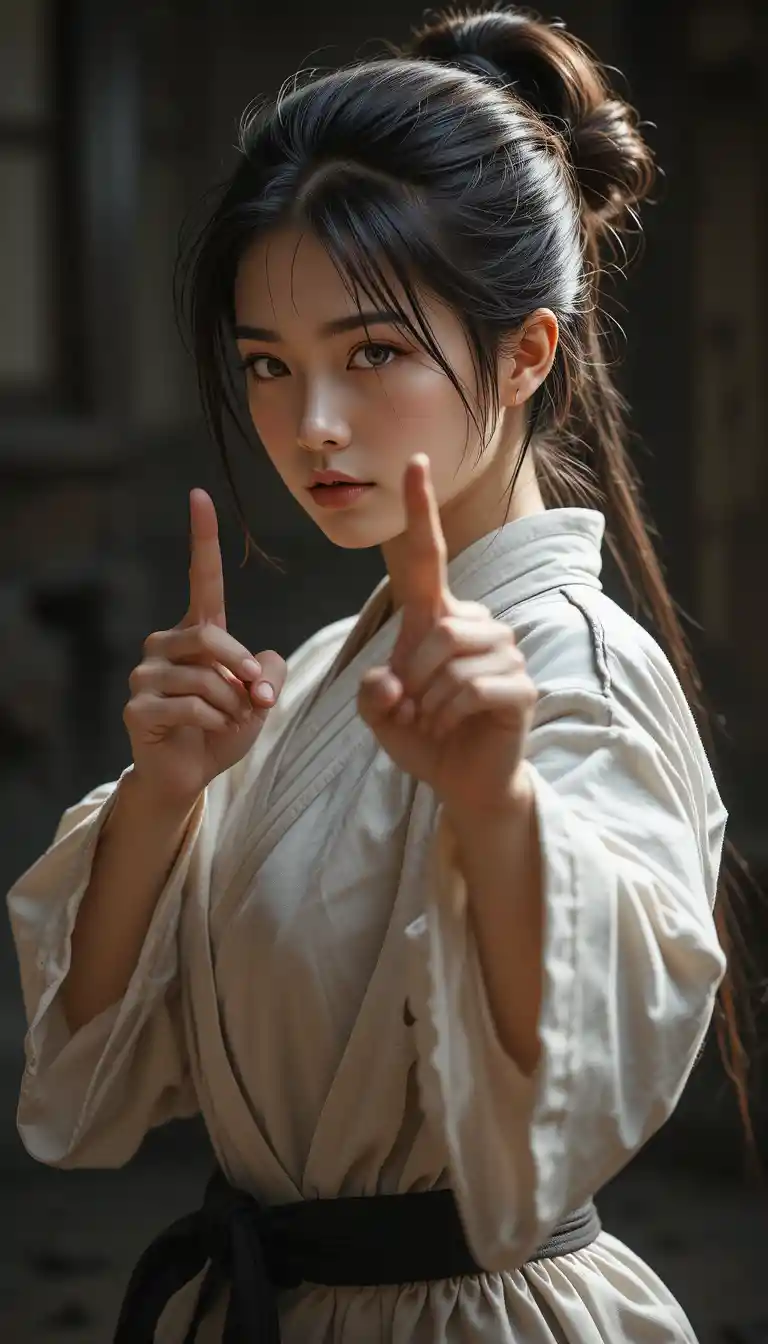 측면 방어 자세를 취한 일본인 여성 가라테 마스터