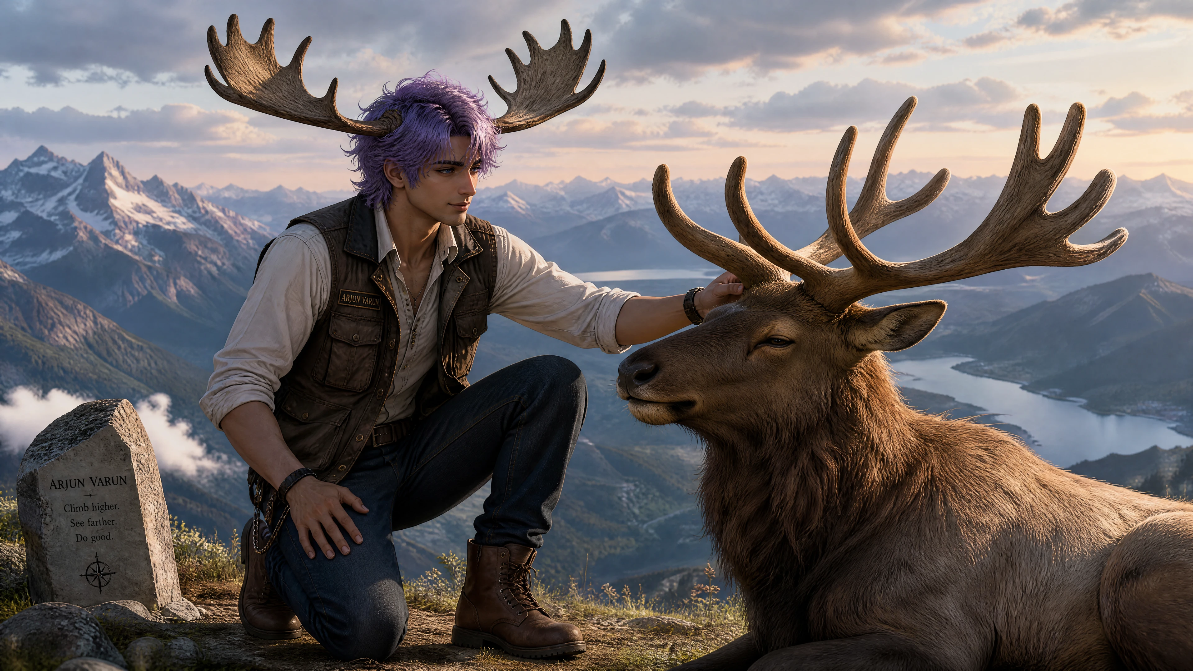 Homme aux bois caressant doucement un wapiti au sommet de la montagne