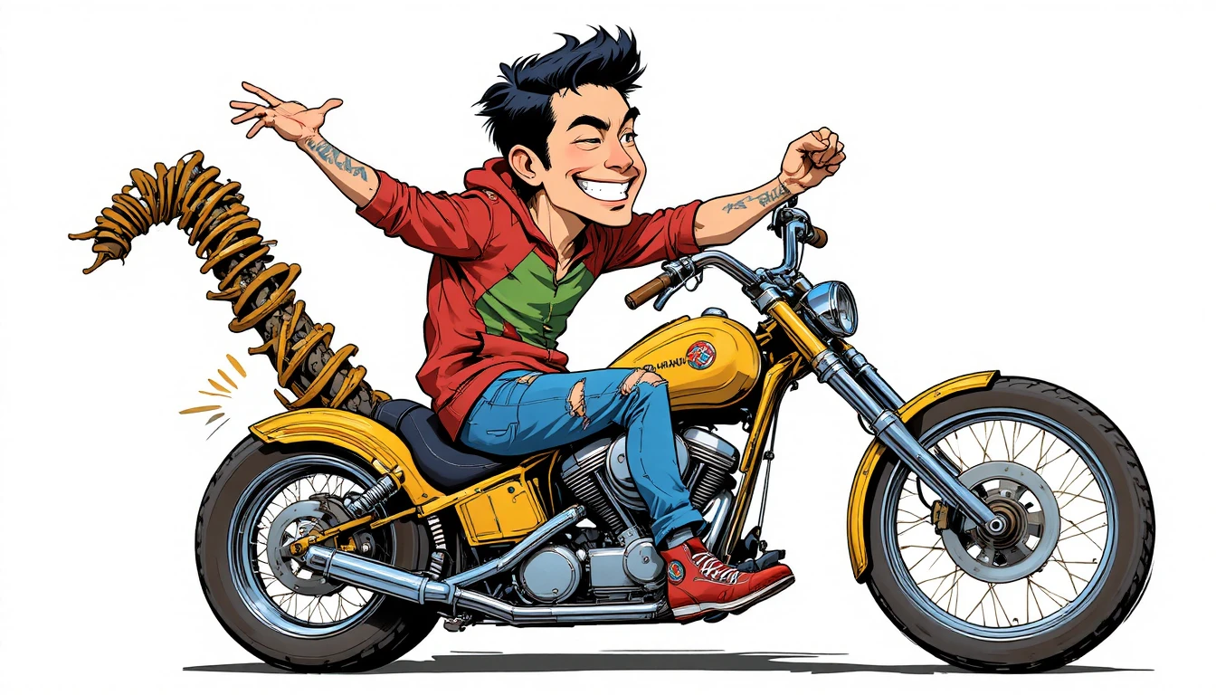 Homem em desenho animado pilotando moto chopper amarela em fundo branco