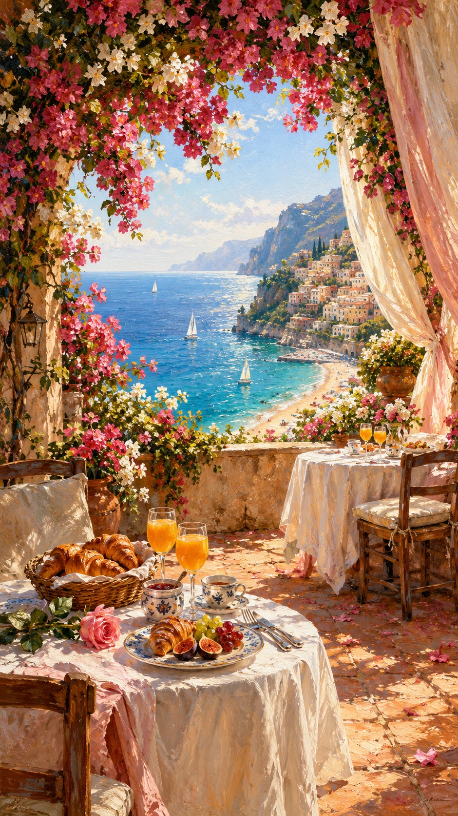 Petit-déjeuner romantique sur une terrasse ensoleillée de la côte amalfitaine