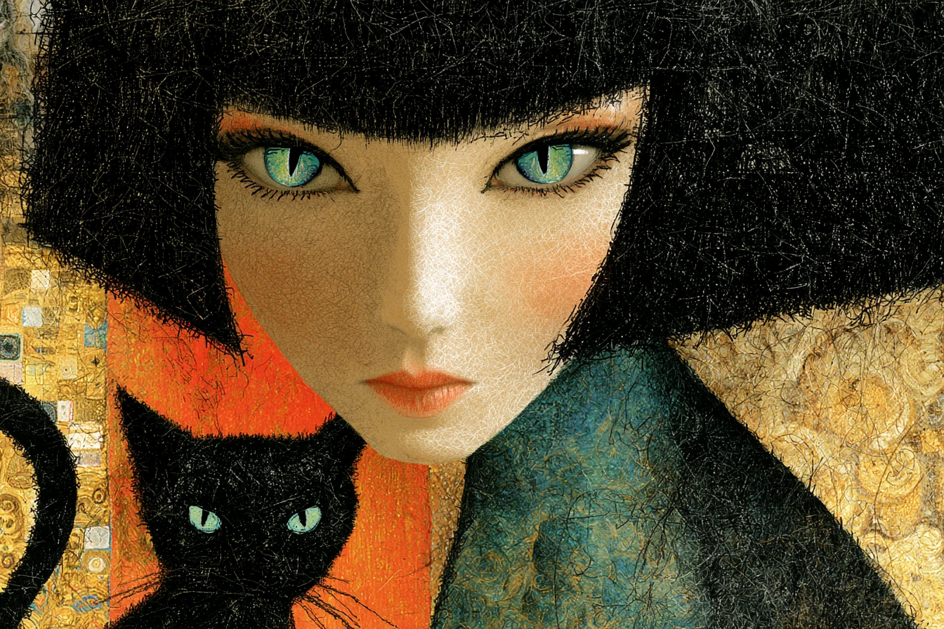 Portrait de chat surréaliste et glamour aux yeux bleu vert saisissants