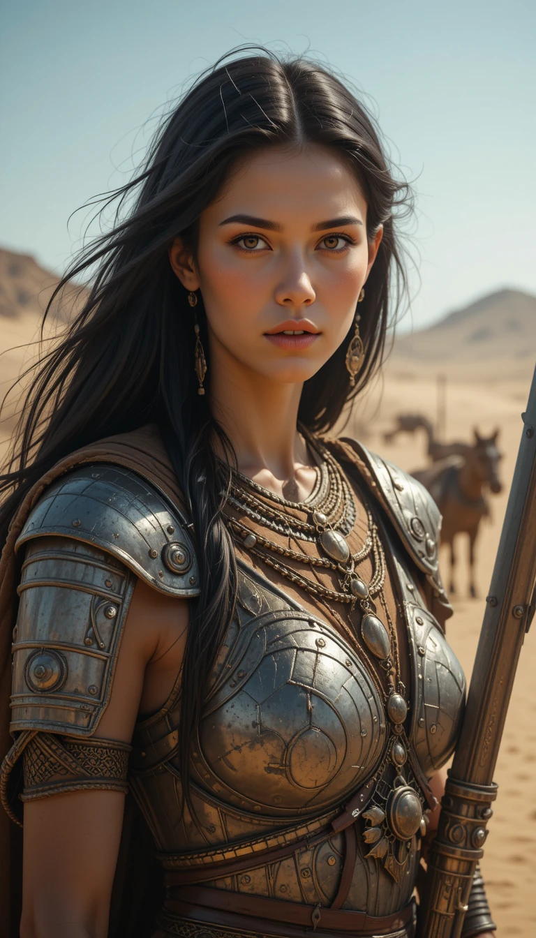 Majestosa guerreira bíblica em retrato no deserto