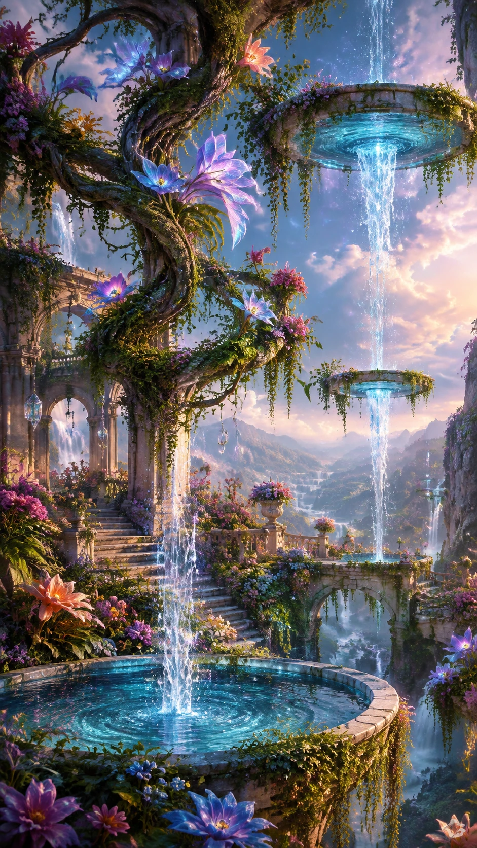 Surreal fantasy garden with gravity defying waterfalls
