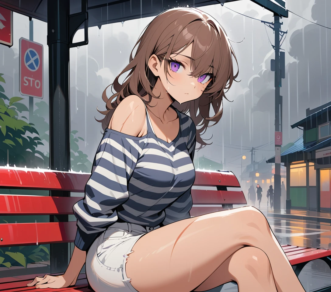 Mulher marcada esperando em um ponto de ônibus urbano na chuva