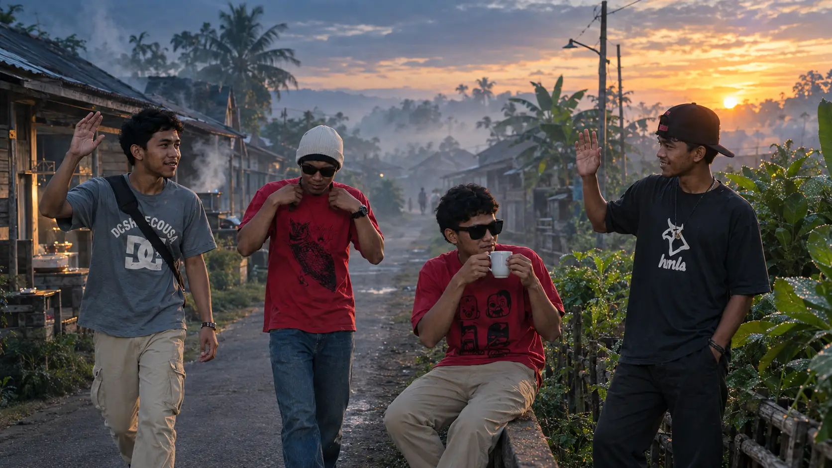Four young friends greeting at dawn on a quiet village street