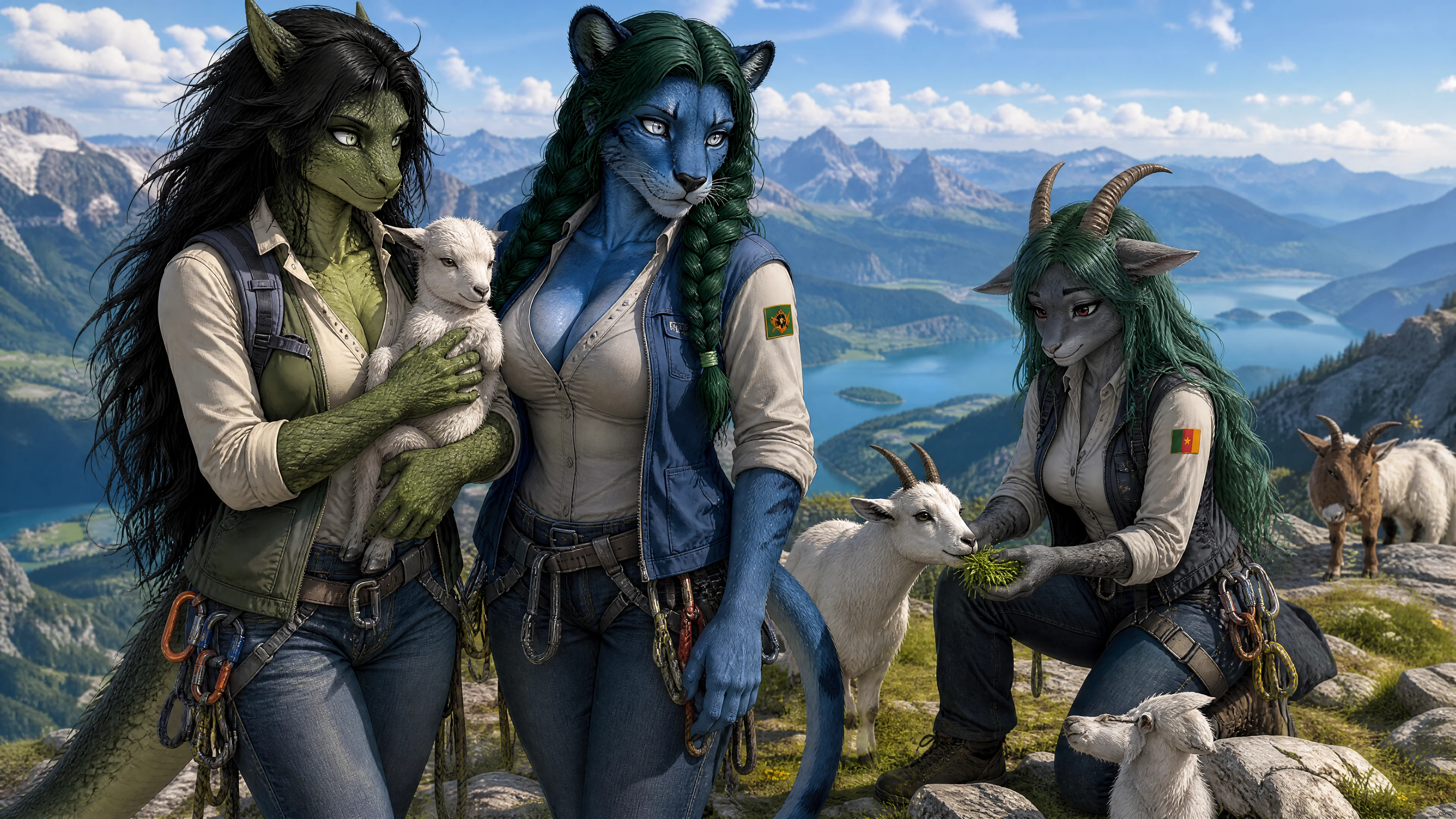 Esposas de fantasía con cabrito en cima de una montaña soleada