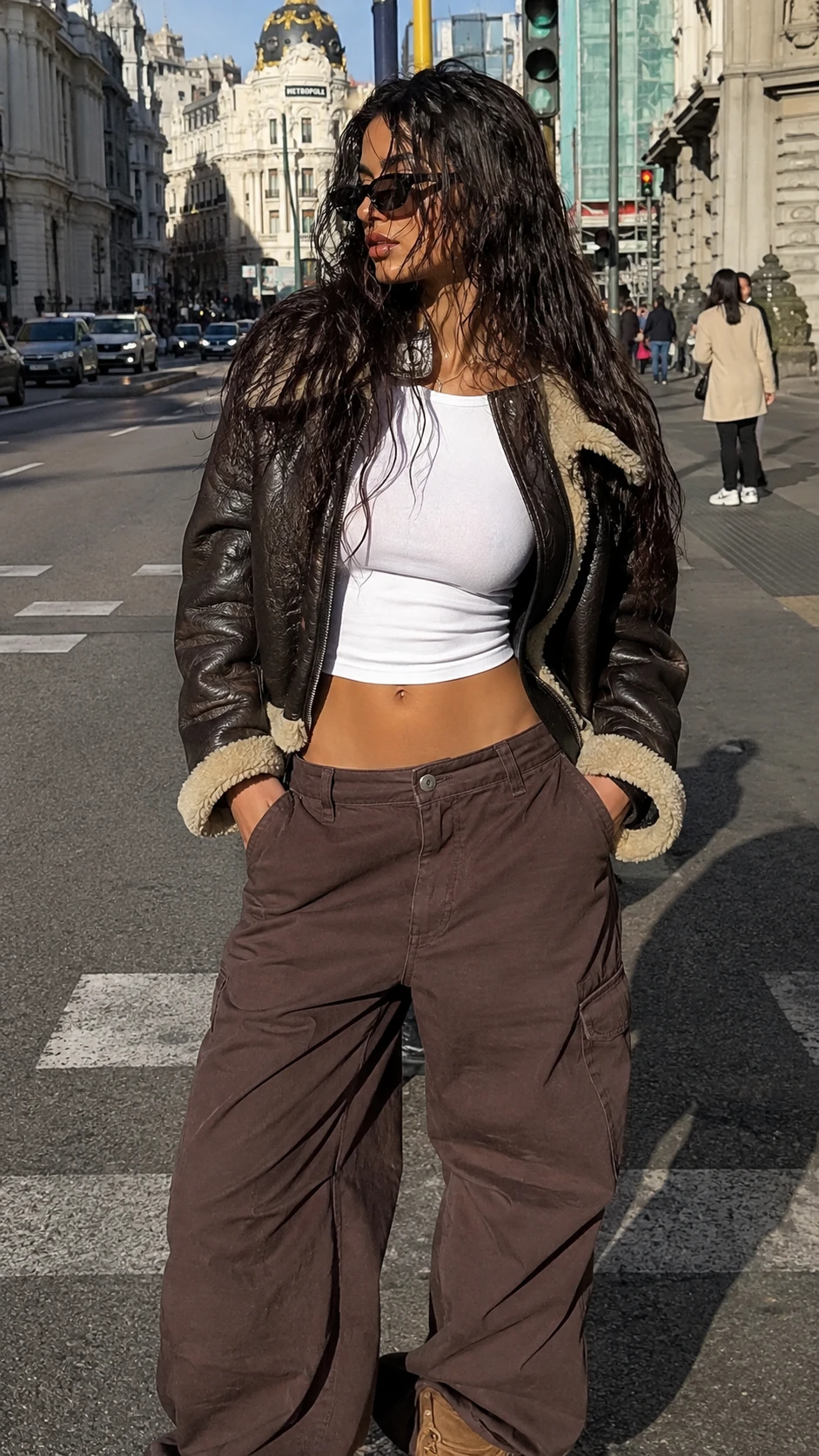 Mulher estilosa em uma rua moderna de Madrid