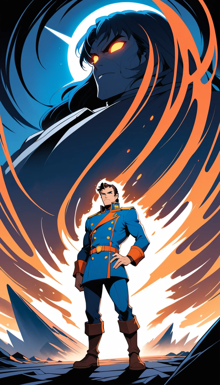 Capitão de nave estelar confiante em uniforme futurista azul-marinho