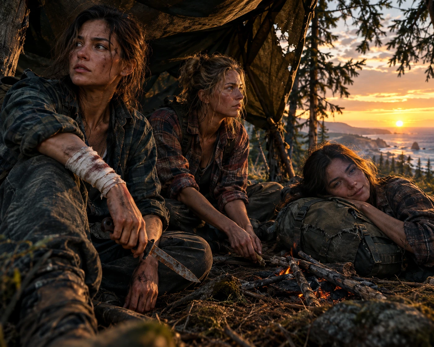 Women shelter together at dusk on a ruined forest coast