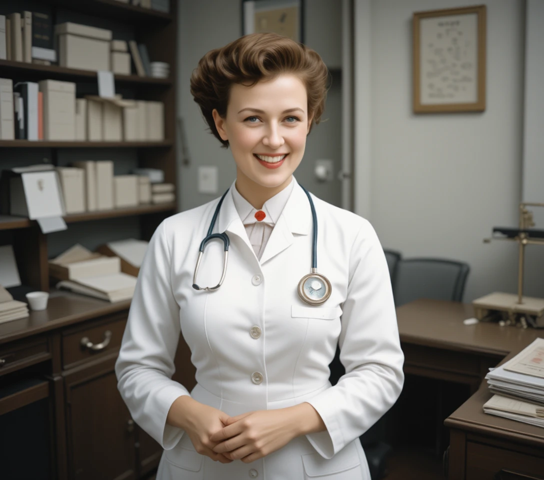 Assistente médica vintage de jaleco branco atrás do balcão da clínica