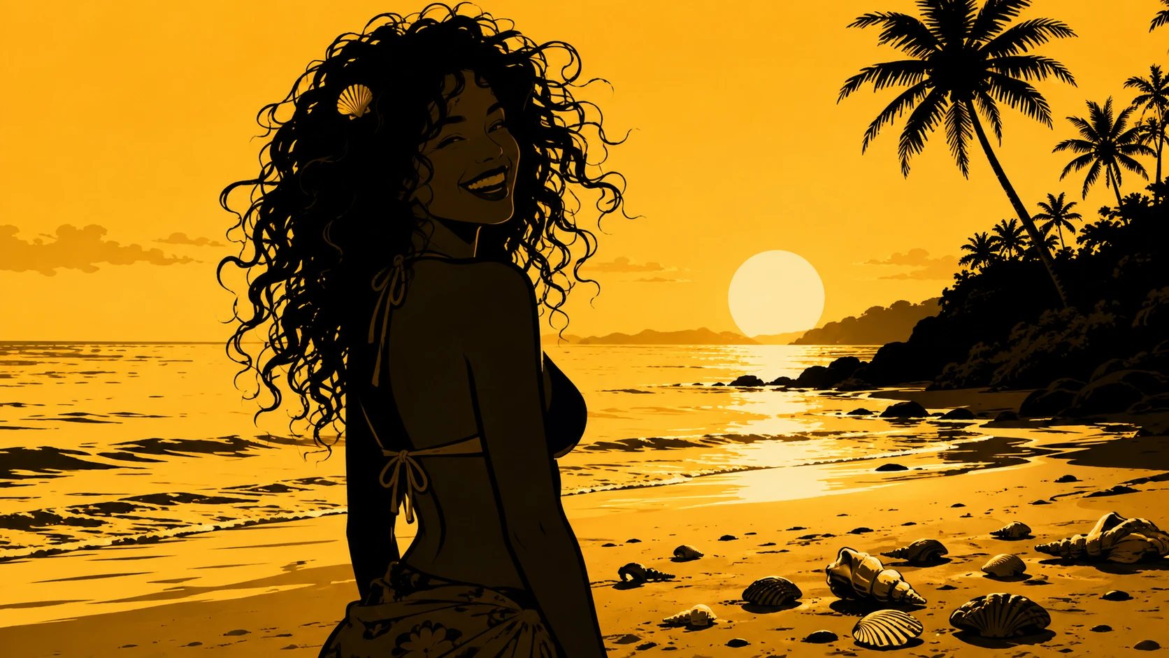 Chica sonriente de pelo rizado en una playa de arena bañada por el sol