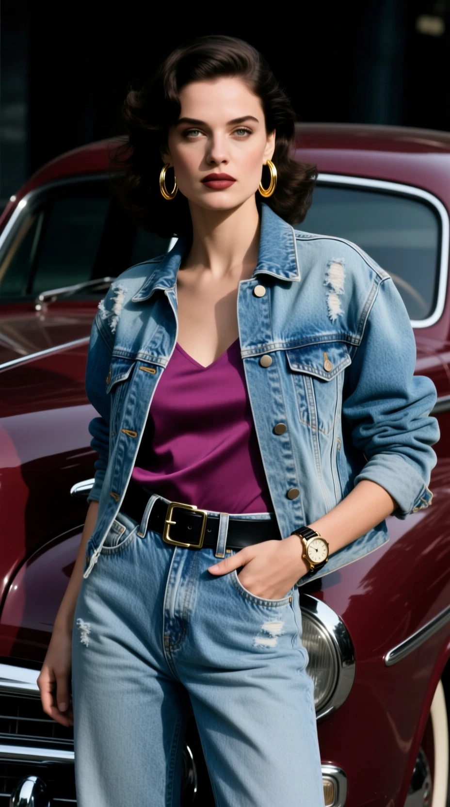 Confident woman in 1980s denim by maroon vintage car