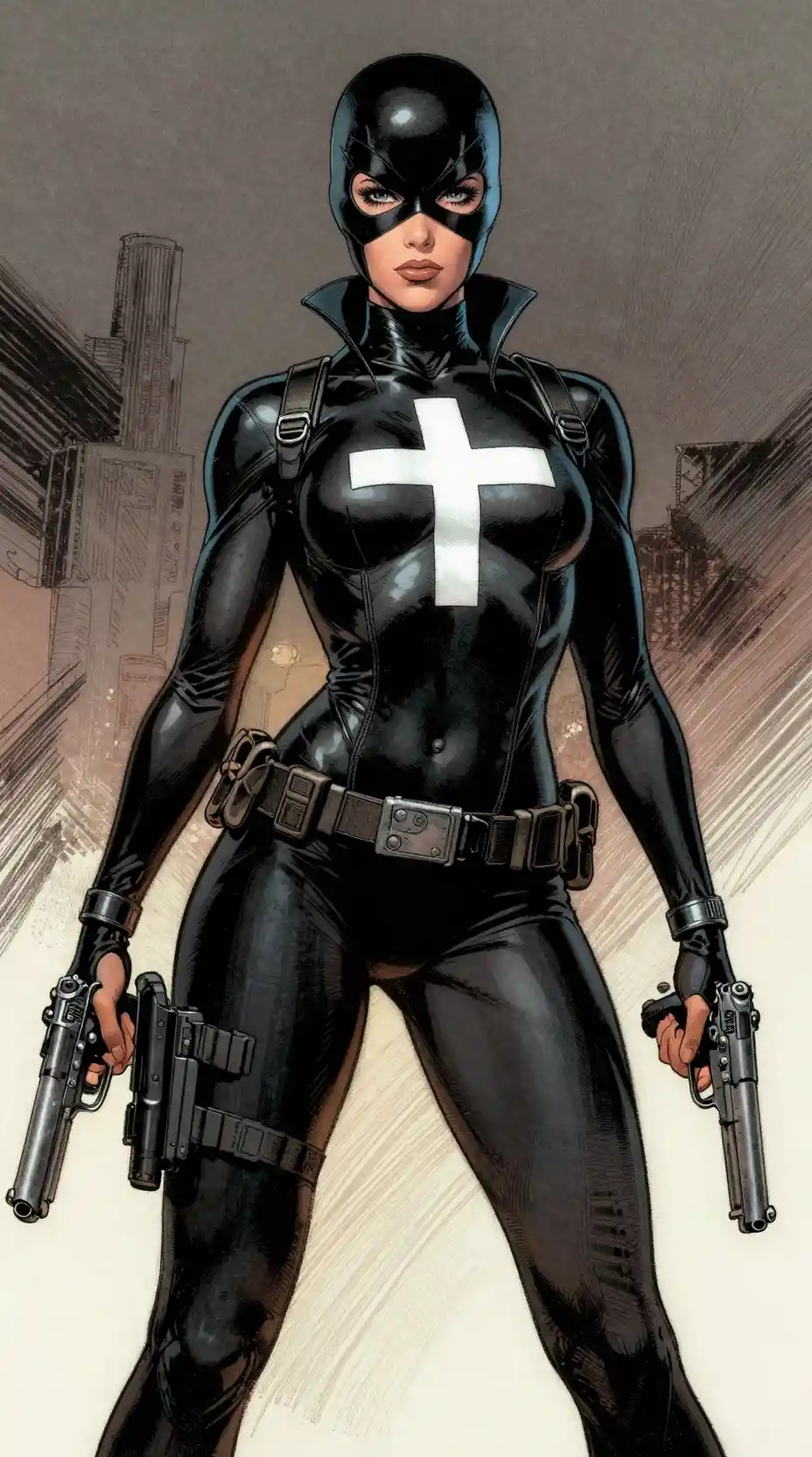 Masked female assassin with pistols in comic book style