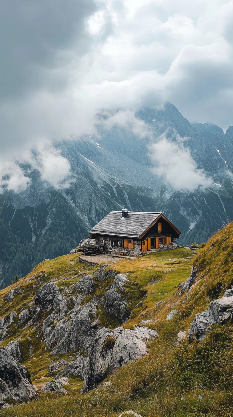 Mountain peak views with a large alpine hut in Austria