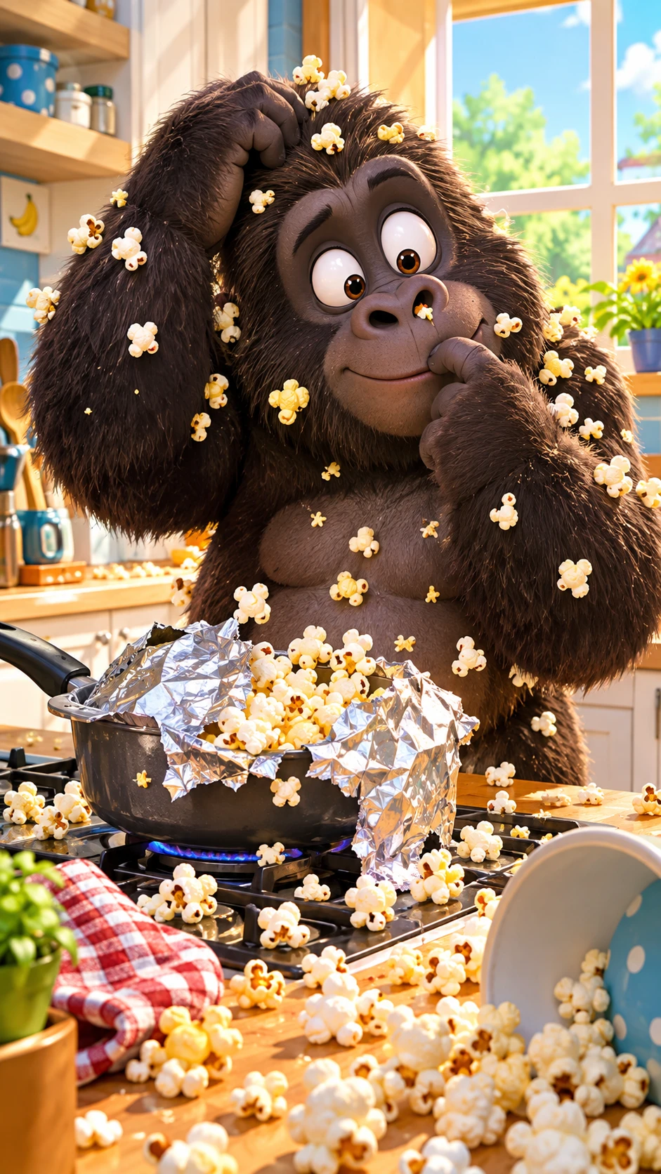 Tollpatschiger Gorilla, mit Popcorn bedeckt, in einer sonnigen Küche