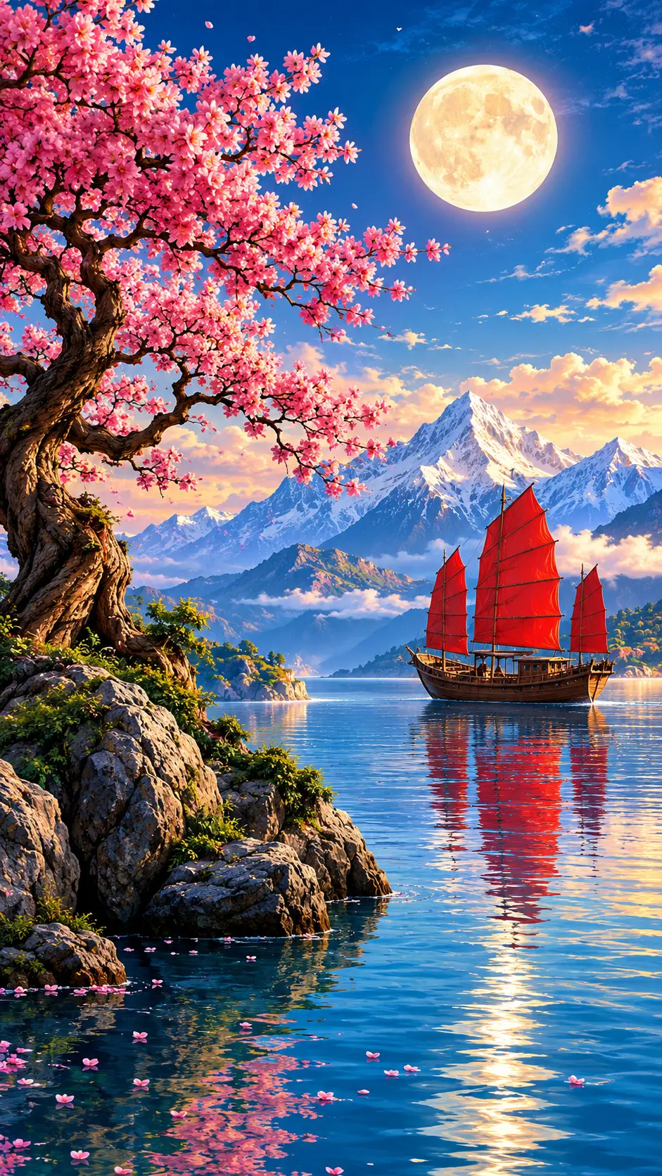 月升時彩色海景、帆船與盛開花樹
