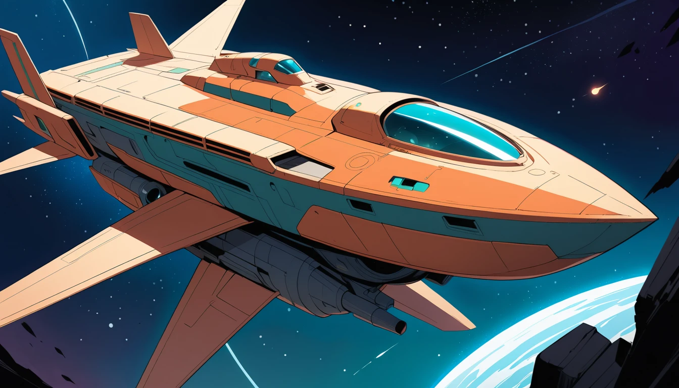 Nave espacial retrô futurista em estilo de quadrinhos cinematográficos